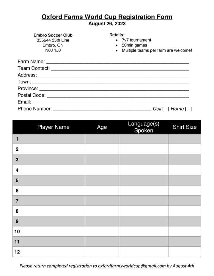 Oxford Farms World Cup - Registration Form